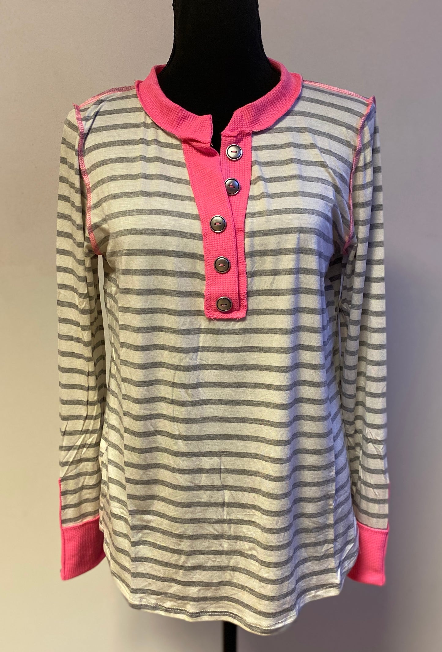 Stripe Thermal Button Detail in Pink