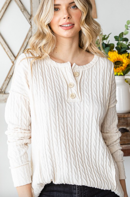 Cable Knit Button Front Top in Cream