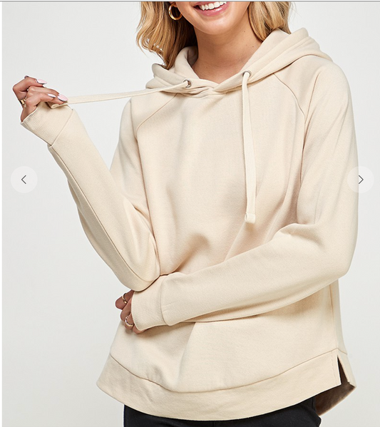 Fleece Pullover Hoodie Curved Hem With Slit Detail