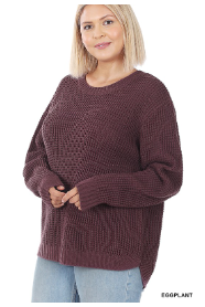 Plus Hi-Low Long Sleeve Round Neck Waffle Sweater