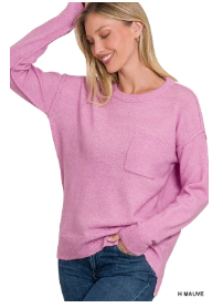 Melange Hi-Low Hem Round Neck Sweater in H Mauve