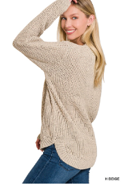 Hi-Low Long Sleeve Round Neck Waffle Sweater in H. Beige