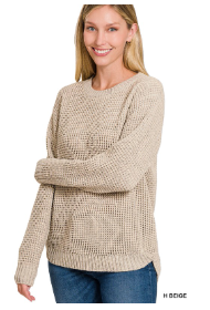 Hi-Low Long Sleeve Round Neck Waffle Sweater in H. Beige