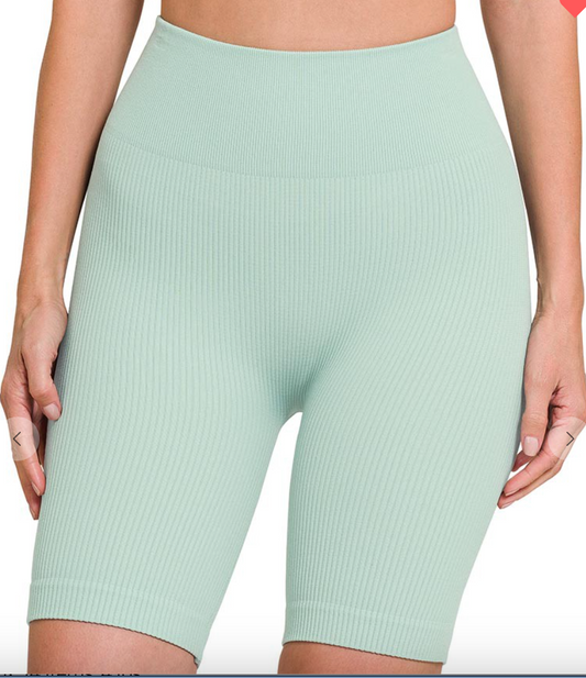 Seamless Ribbed High Waisted Biker Shorts in Dusty Green