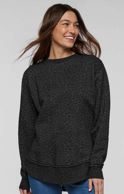 Weekend Fleece Crewneck in Black Leopard